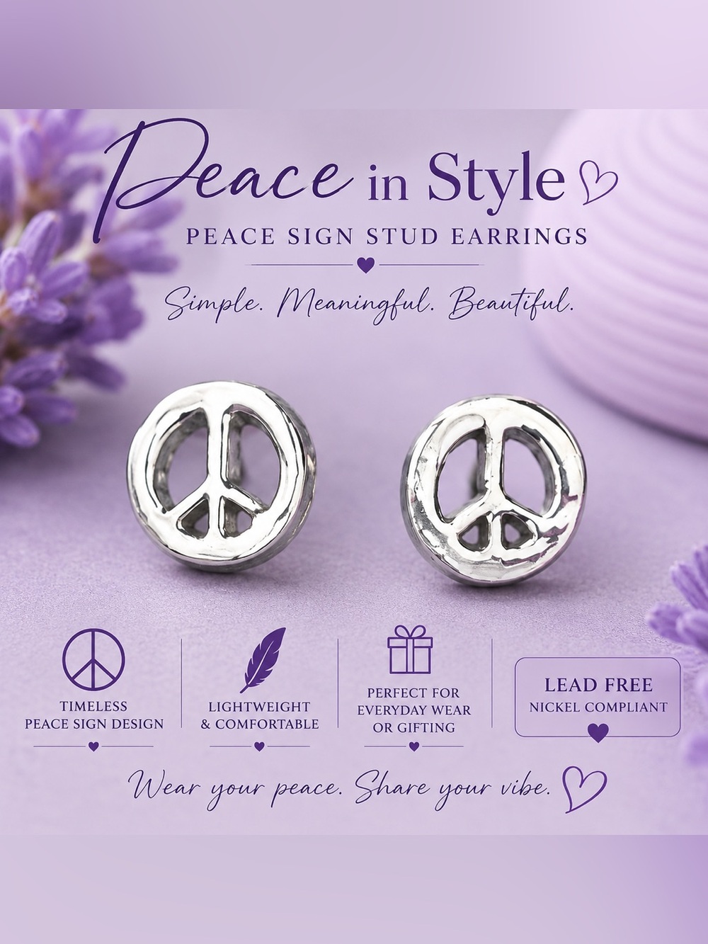 Peace Sign Stud Earrings — Silver Tone